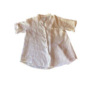 White Italian-Made 100% Linen Button-Up Shirt With Mandarin Collar & Pocket‎